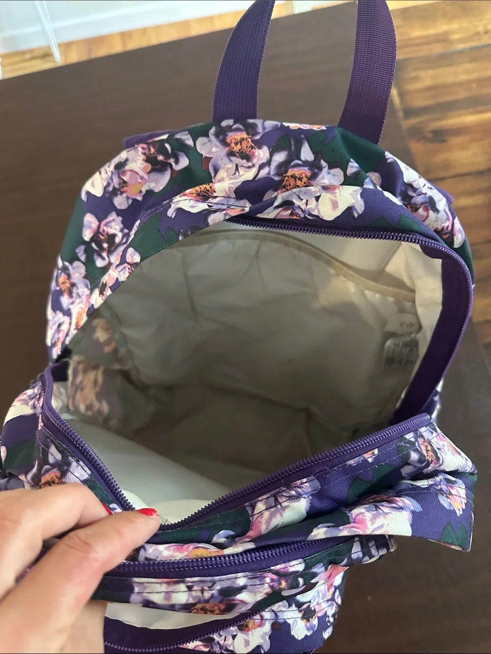 JanSport Purple Floral Backpack with Brown Base
